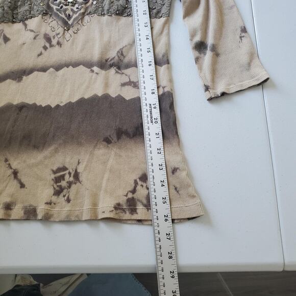 Boho Fairy Grunge Shirt Womens Large Beige Beaded Crochet Embroidered Rhinestone - Picture 5 of 7